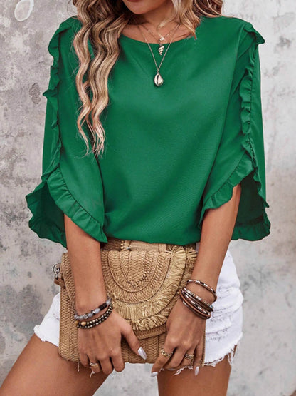 Batwing Sleeves Long Sleeves Ruffled Solid Color Split-Joint Round-Neck Blouses&Shirts Tops