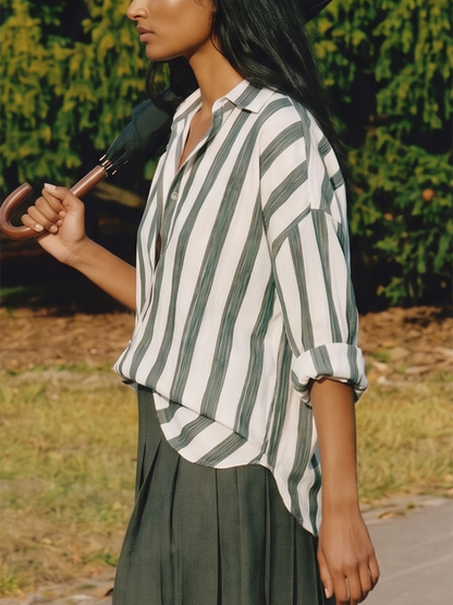 Long Sleeves Loose Buttoned Contrast Color Striped Lapel Blouses&Shirts Tops
