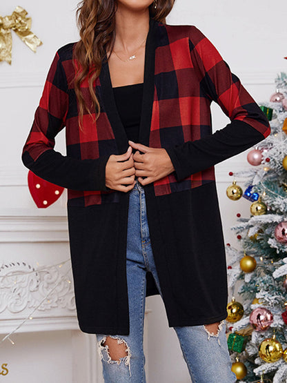 Long Sleeves Loose Plaid Collarless Outerwear