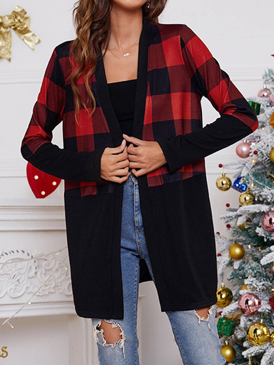 Long Sleeves Loose Plaid Collarless Outerwear
