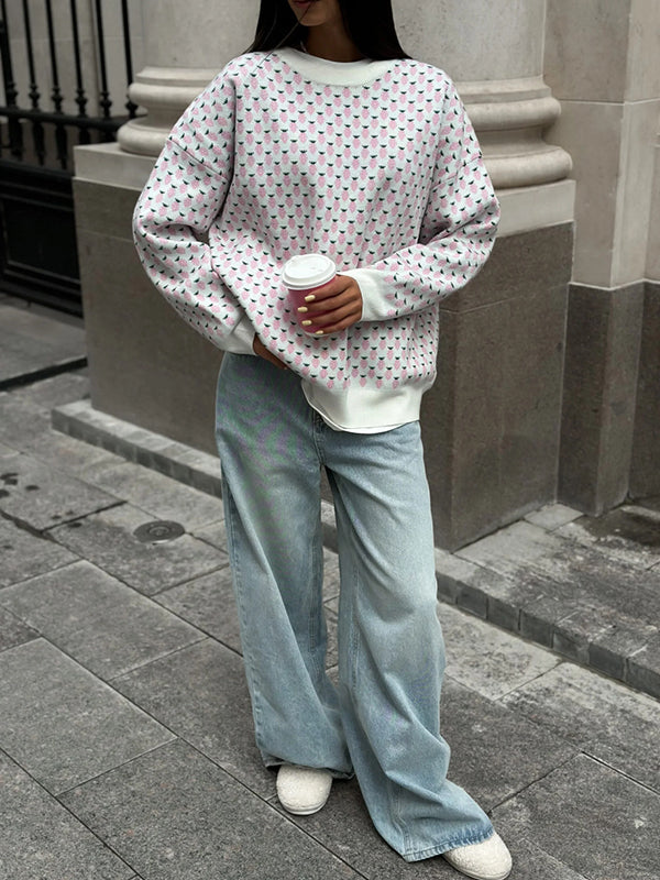 Long Sleeves Loose Pleated Split-Joint Round-Neck Sweater Tops