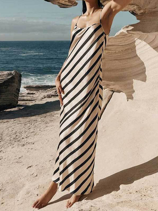 High Waisted Loose Striped Spaghetti-Neck Maxi Dresses
