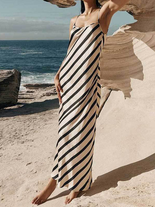 High Waisted Loose Striped Spaghetti-Neck Maxi Dresses