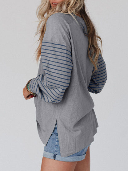Long Sleeves Loose Contrast Color Split-Joint Striped Round-Neck Blouses&Shirts Tops