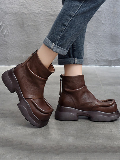 Platform Round-Toe Solid Color Zipper Boots