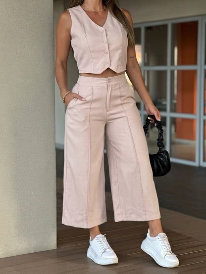 Solid Color Buttoned Wide Leg Sleeveless V-neck Vest Top + Pants Bottom Two Pieces Set