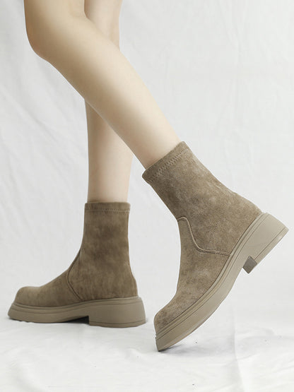Chunky Shoes Round-Toe Split-Joint Velvet Boots