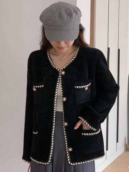 Long Sleeves Loose Buttoned Pockets Round-Neck Cardigan Tops