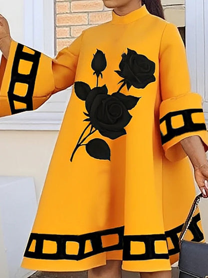 A-Line Flared Sleeves Flower Print Split-Joint Mock Neck Midi Dresses