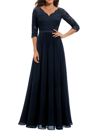 A-Line High Waisted Pleated See-Through Solid Color Split-Joint V-Neck Maxi Dresses