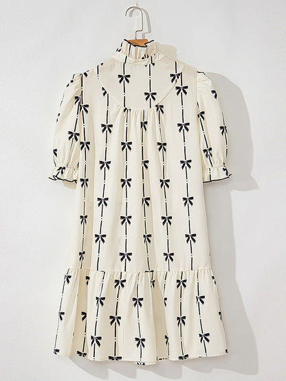 A-Line Loose Bowknot Contrast Color Printed Split-Joint Stand Collar Midi Dresses
