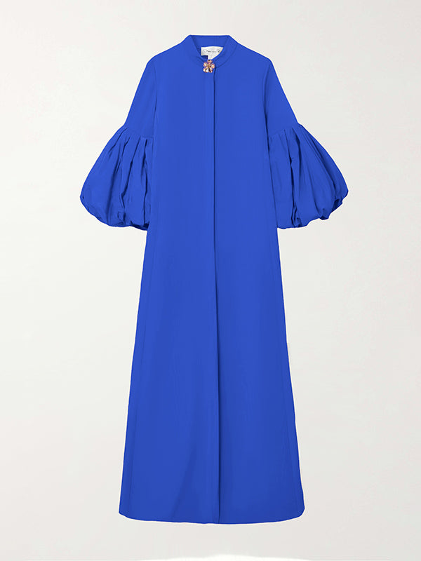 Loose Flower Shape Solid Color Stand Collar Lantern Sleeves Maxi Dresses