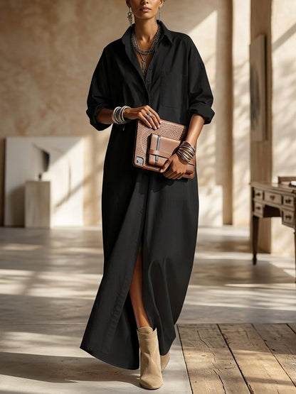 Long Sleeves Loose Buttoned Pockets Solid Color Lapel Maxi Dresses Shirt Dress
