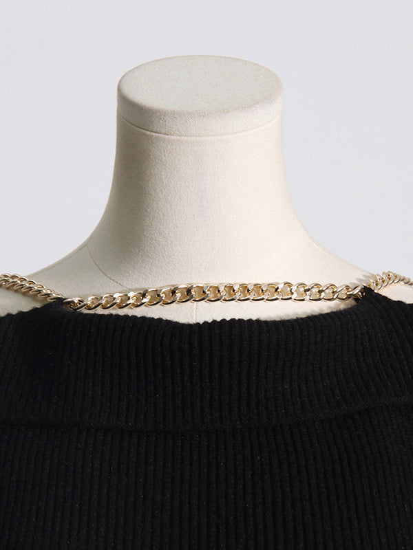 Long Sleeves Loose Chains Heaps Collar Knitwear Pullovers Sweater Tops