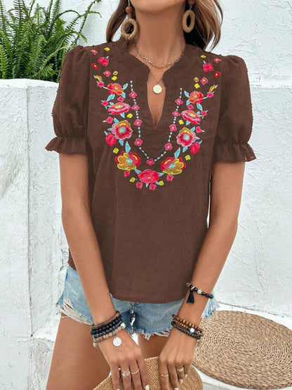 Loose Puff Sleeves Flower-Embellished Contrast Color Jacquard Pleated Ruffled Split-Joint V-Neck Blouses&Shirts Tops