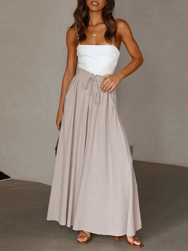 High Waisted Loose Drawstring Elasticity Pockets Solid Color Pants Trousers