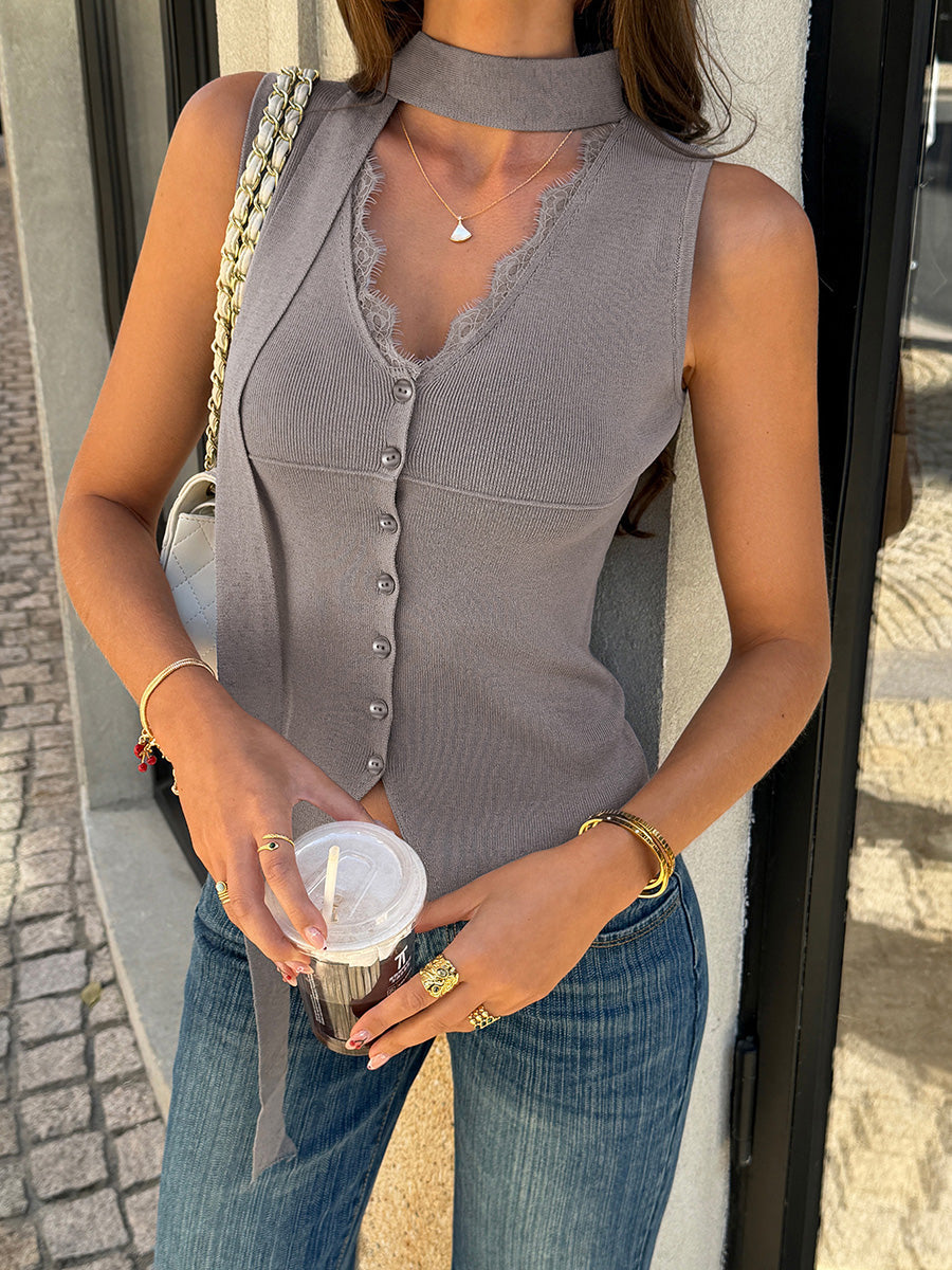 Loose Sleeveless Buttoned Ribbon Solid Color V-Neck Vest Outerwear