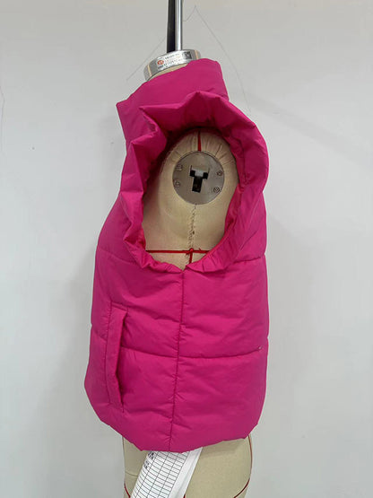 Flared Sleeves Pleated Solid Color Split-Joint High Neck Padded Vest