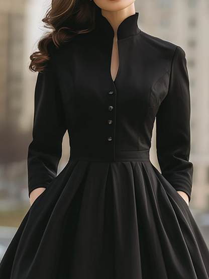 A-Line High Waisted Buttoned Pleated Pockets Solid Color Stand Collar Midi Dresses