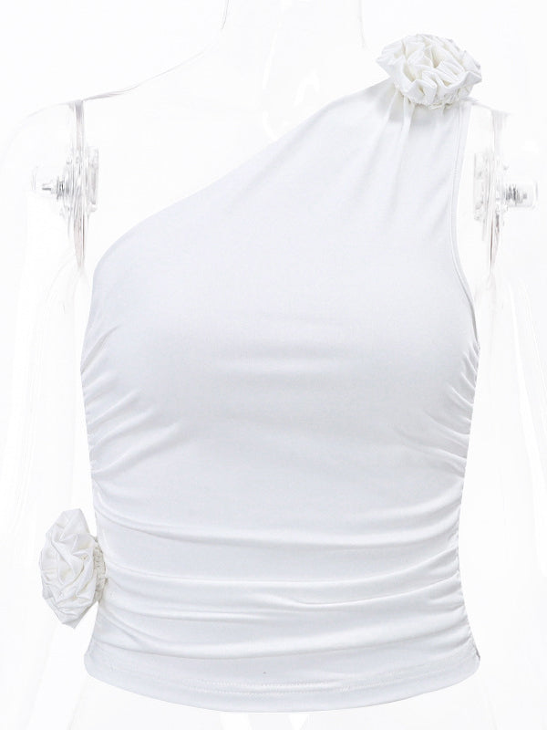 Skinny Sleeveless Asymmetric Pleated Solid Color Three-Dimensional Flower One-Shoulder Vest Top