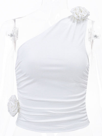 Skinny Sleeveless Asymmetric Pleated Solid Color Three-Dimensional Flower One-Shoulder Vest Top