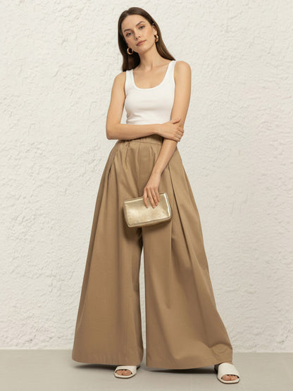 Elasticated Waist High Waisted Pleated Pockets Solid Color Pants