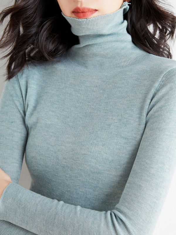 Simple Skinny Long Sleeves Solid Color High-Neck Sweater Tops Pullovers