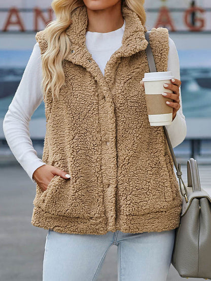 Loose Sleeveless Solid Color Stand Collar Vest Outerwear