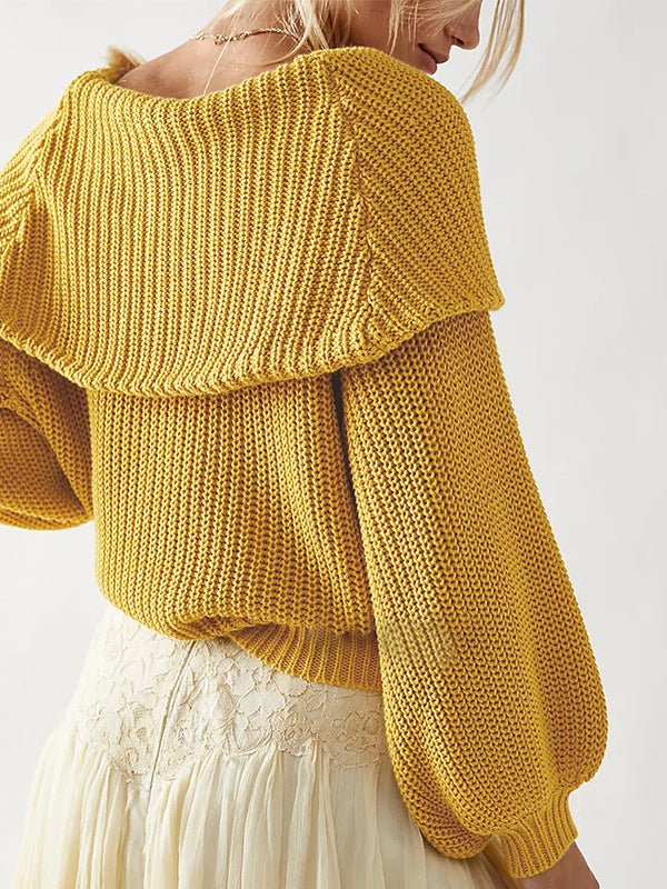 Long Sleeves Loose Solid Color Split-Joint Round-Neck Sweater Tops