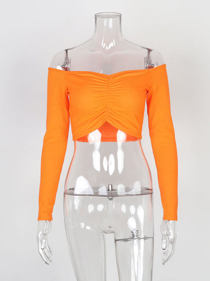 Long Sleeves Skinny Solid Color Off-The-Shoulder T-Shirts Tops
