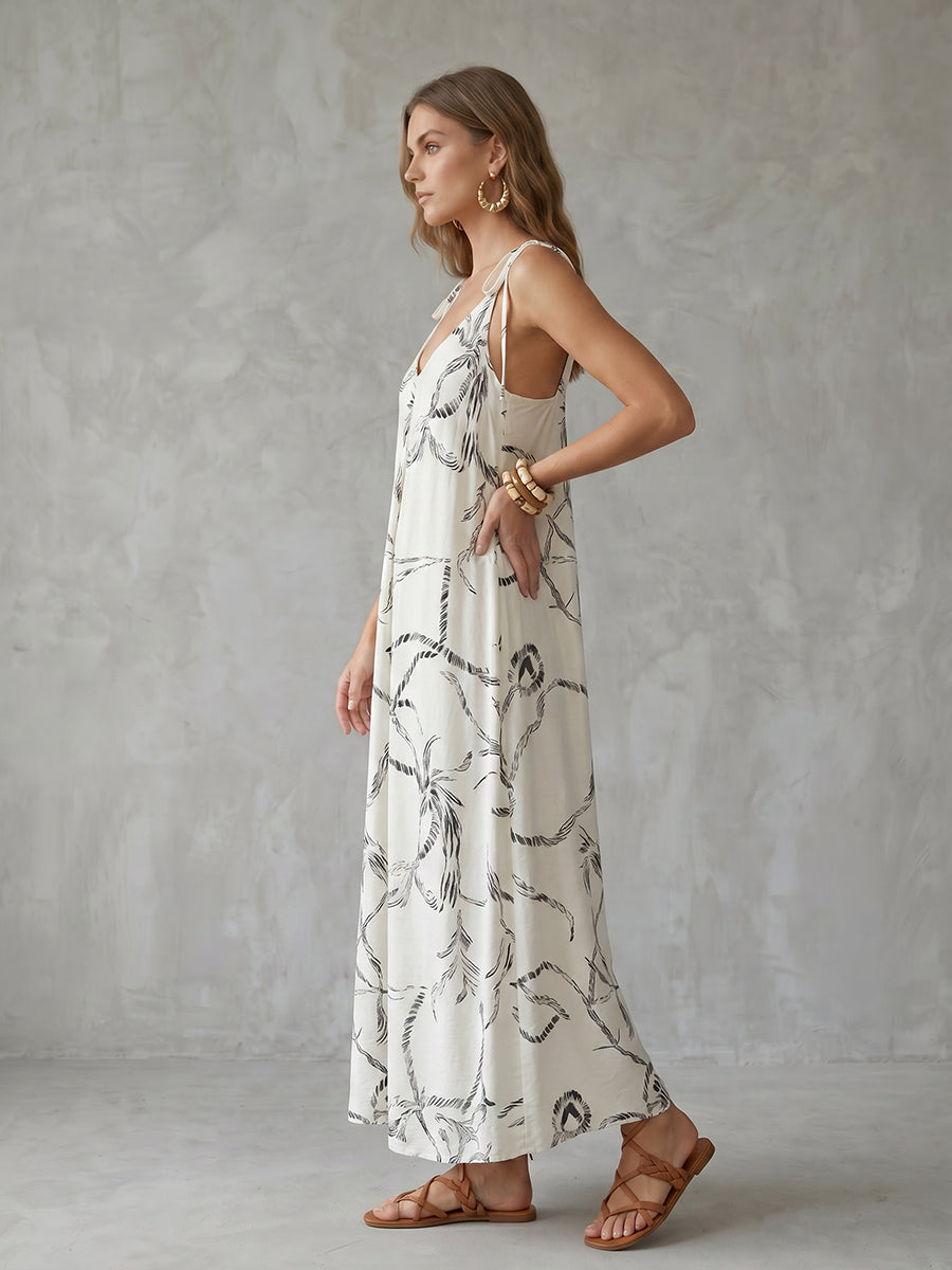 A-Line Loose Backless Contrast Color Drawstring Printed Spaghetti-Neck Midi Dresses