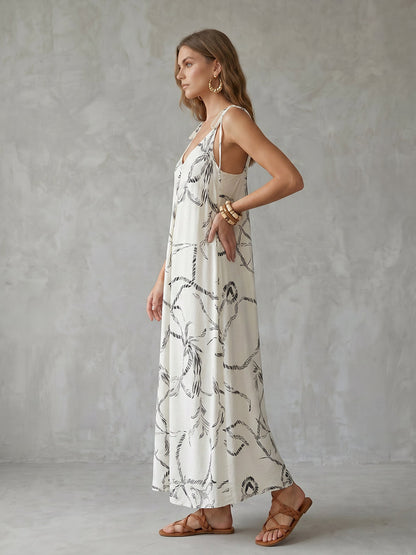 A-Line Loose Backless Contrast Color Drawstring Printed Spaghetti-Neck Midi Dresses