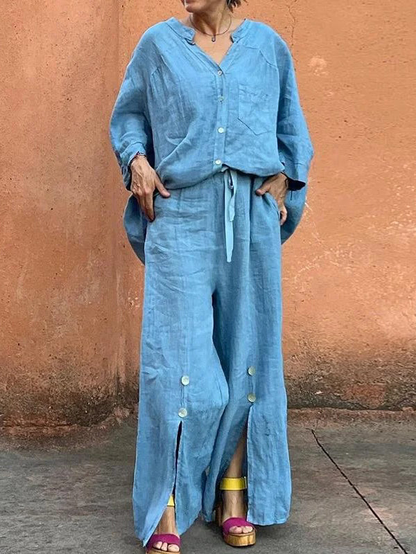 Loose Wide Leg Drawstring Solid Color Split-Front Split-Joint Pants Trousers