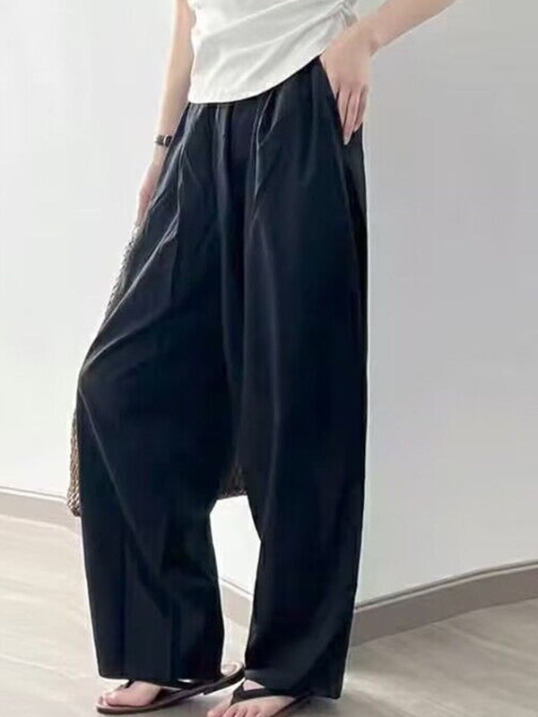 High Waisted Loose Elasticity Pleated Pockets Solid Color Pants Trousers