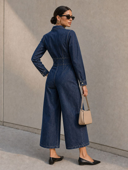 Zipper Split-Joint Solid Color Pockets Wide Leg Long Sleeves Lapel Jumpsuits