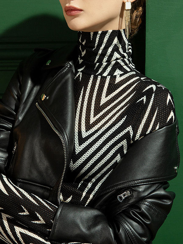 Long Sleeves Skinny Striped High-Neck T-Shirts Tops