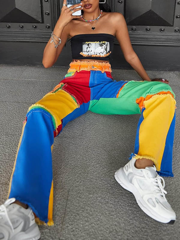 High Waisted Loose Buttoned Contrast Color Fringed Split-Joint Jean Pants Bottoms Trousers