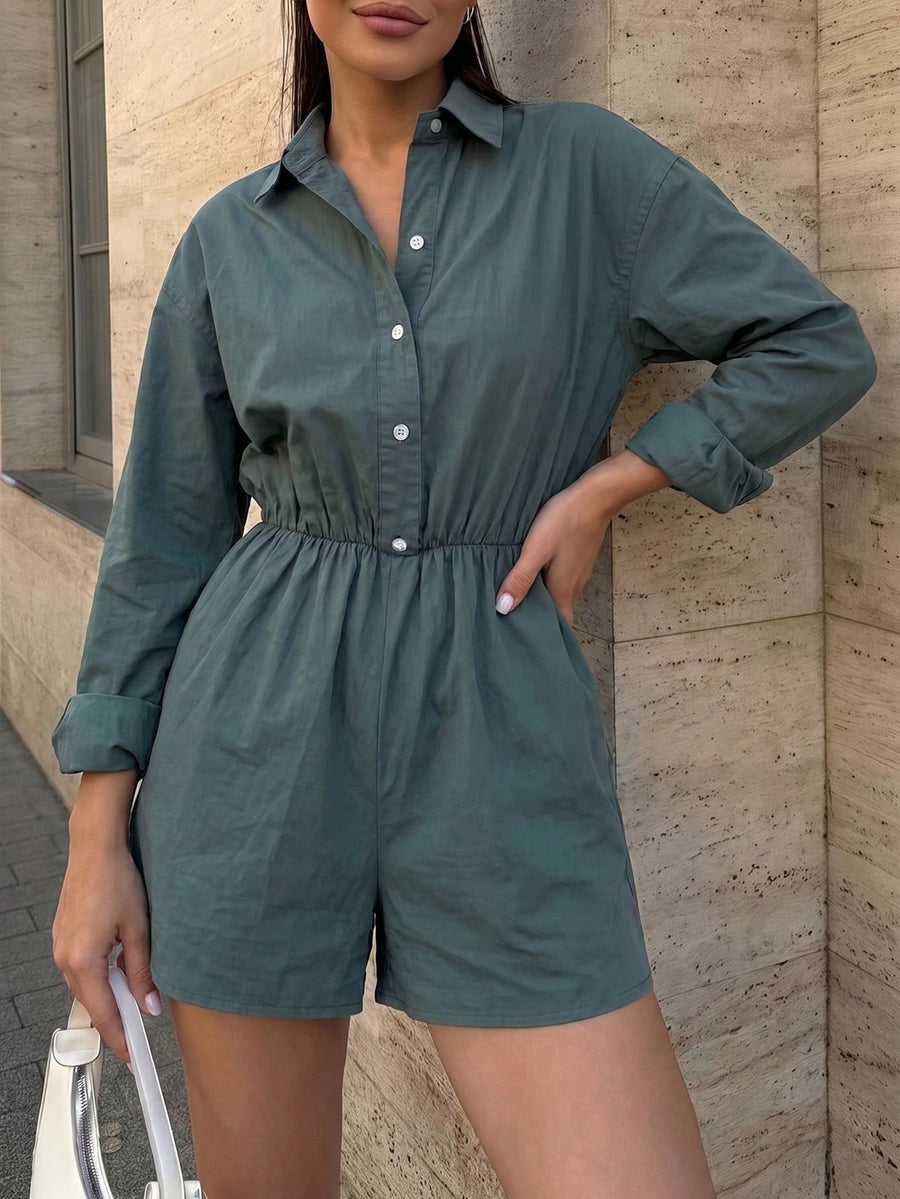 Solid Color Pockets Elasticity Buttoned Wide Leg Long Sleeves Lapel Rompers