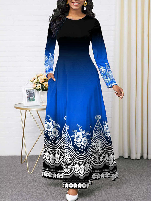 Long Sleeves Contrast Color Floral Printed Round-neck Maxi Dresses