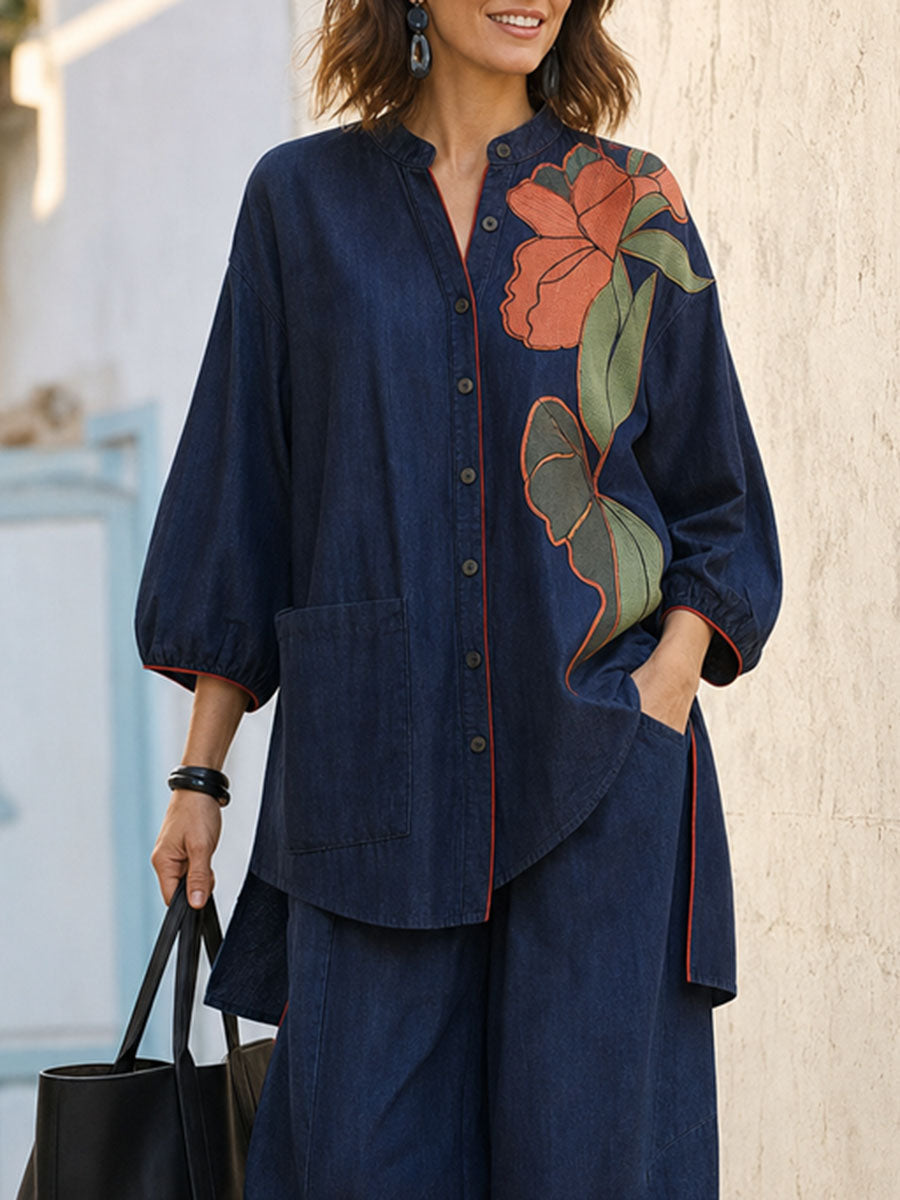 Pockets Flower Print Contrast Color Buttoned Three-quarter Sleeves Loose Round-neck Blouses&shirts Tops