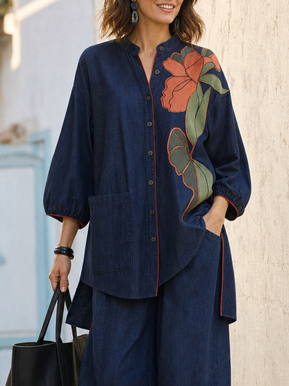Pockets Flower Print Contrast Color Buttoned Three-quarter Sleeves Loose Round-neck Blouses&shirts Tops