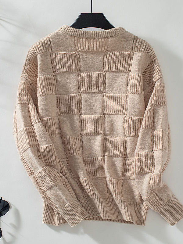 Long Sleeves Loose Solid Color Split-Joint Round-Neck Pullovers Sweater Tops