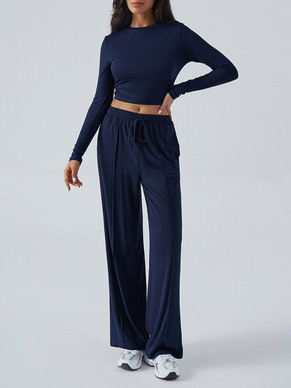 Long Sleeves Loose Solid Color Round-Neck T-Shirt Top + Drawstring Elasticity Pockets Pants Bottom Two Pieces Set