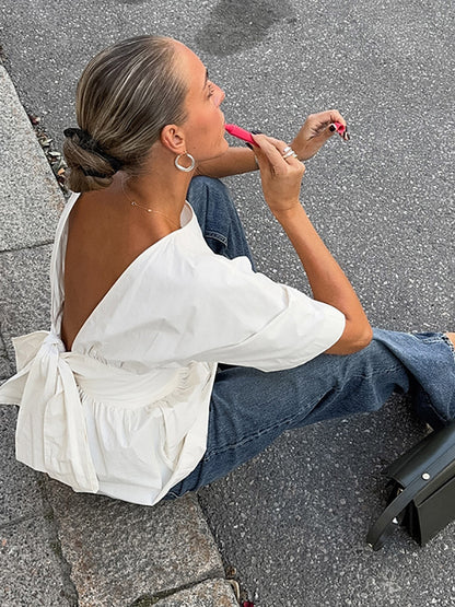 Elasticated Waist High Waisted Pleated Solid Color Split-Joint Tied Waist Round-Neck Blouses&Shirts Tops