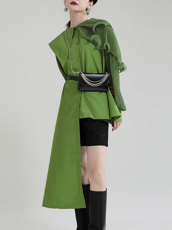 Long Sleeves Loose Asymmetric Pleated Solid Color Split-Joint Falbala Lapel Blouses&Shirts Tops