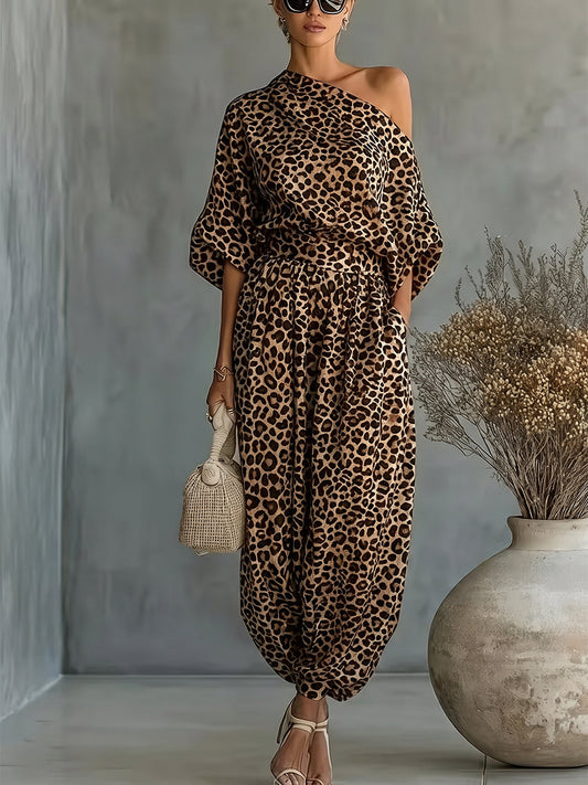 Half Sleeves Leopard Printed One-Shoulder Blouses&Shirts Tops + Pleated Pockets High Waisted Ankle-Tied Pants Trousers Two Pieces Set