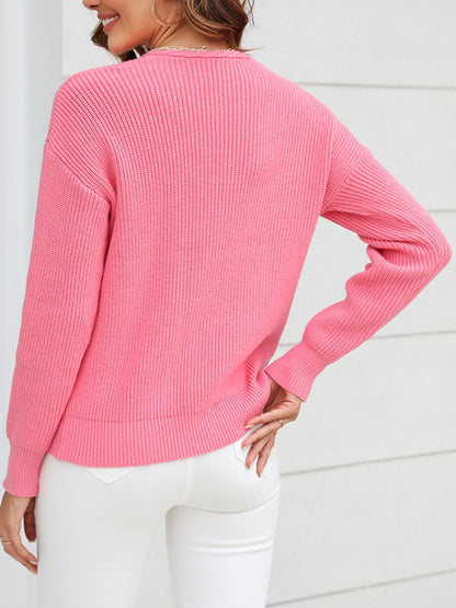 Long Sleeves Loose Solid Color V-Neck Knitwear Pullovers Sweater Tops