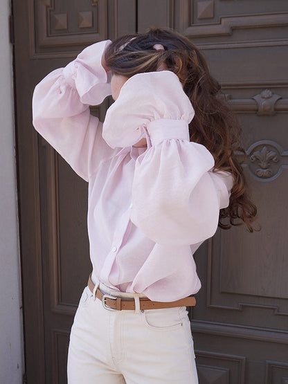 Loose Puff Sleeves Pleated Solid Color Split-Joint Lapel Blouses&Shirts Tops