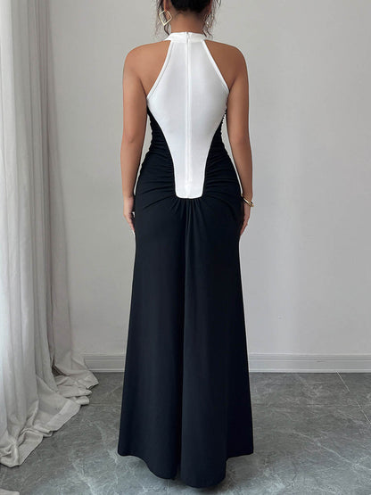 High Waisted Sleeveless Buttoned Contrast Color Pleated Split-Joint Halter-Neck Maxi Dresses