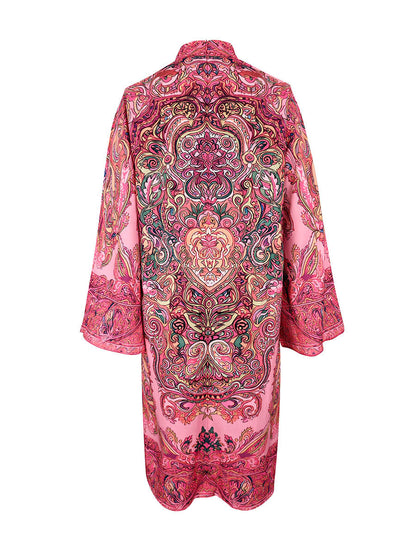 Long Sleeves Loose Contrast Color Printed Mock Neck Midi Dresses
